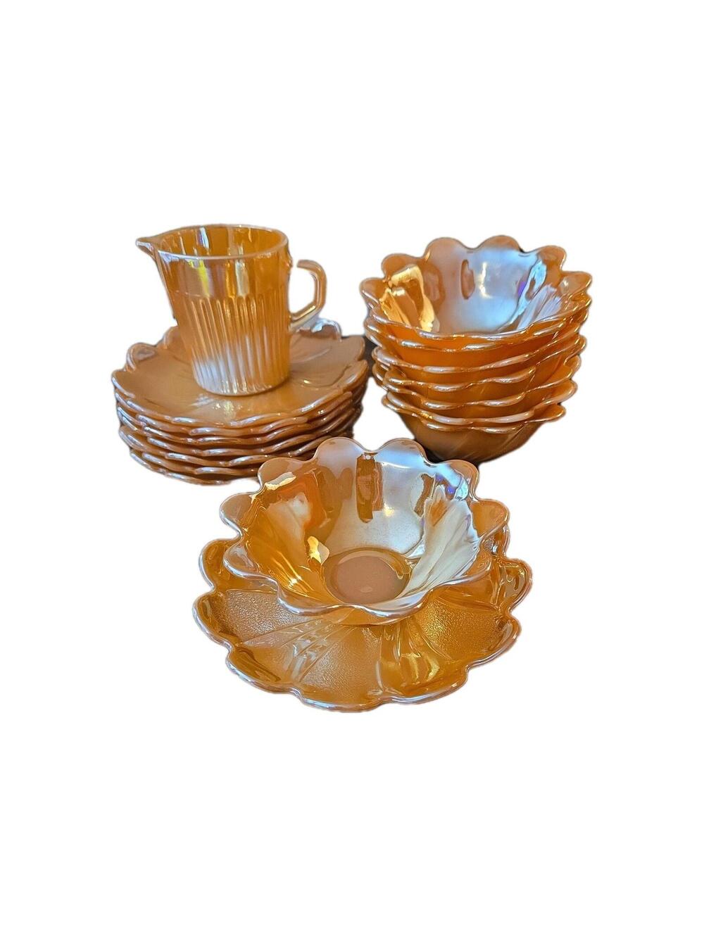 Vtg Fire King Peach Luster Lotus Lot Dessert Bowl Saucer Plates & Creamer
